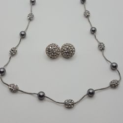 Antique Crystal set of two Items. Earrings and Necklaces, Silver Tone,
