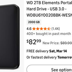 WD 2TB Elements Portable External Hard Drive - USB 3.0 - WDBU6Y0020BBK-WESN (Renewed)