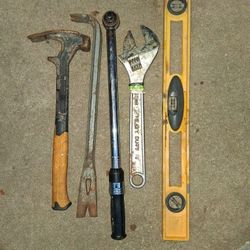 Lot Of Tools- Torque Wrench - Hammer - Pyr Bar - 15" Wrench - Level  / All For 