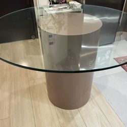 Pink solid pedestal base glass top round dining table AVAILABLE IF LISTED