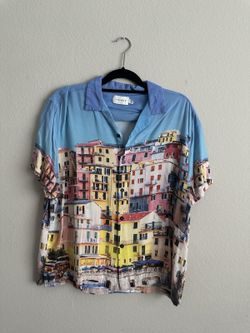 Topman Men's Blue Graphic Button-Up Shirt Size Large