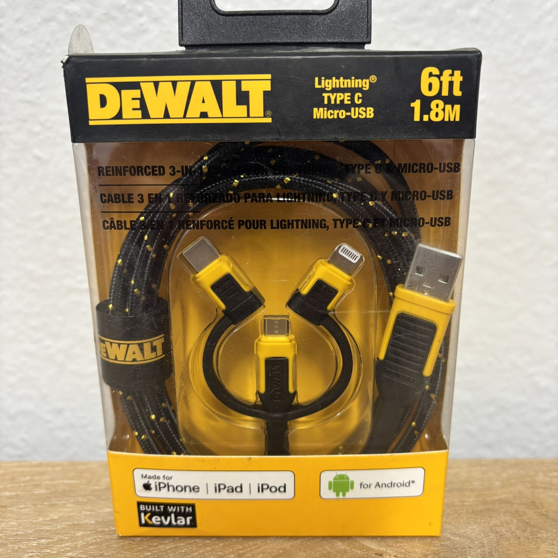 Dewalt reinforced three and one cable for lightning type C and micro and USB 6 foot long