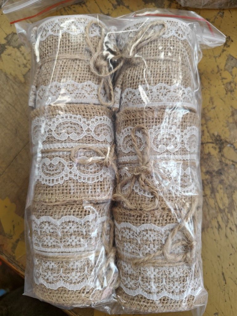 6 Rolls Natural Burlap Ribbon with White Lace 2.36× 78inch Jute Twine for DIY Home Decoration,