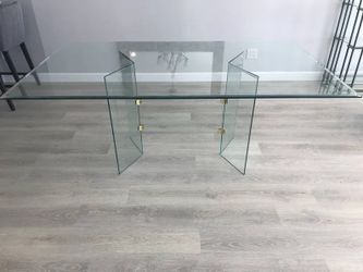 Vintage Modern All Glass Dining Table V Double Pedestal Base With Brass Plated Connectors