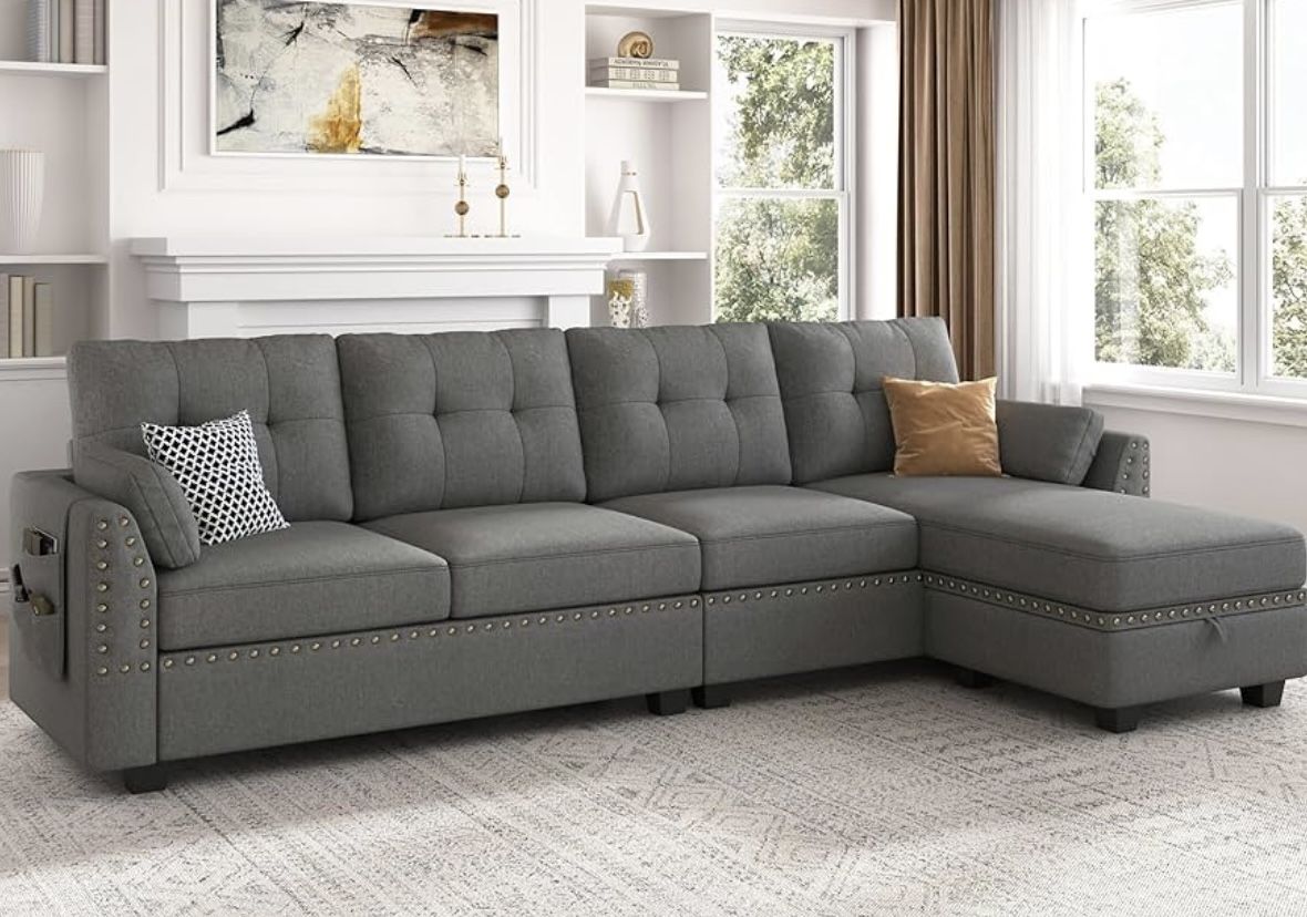 Gray Low Sitting L Shaped Couch With Storage
