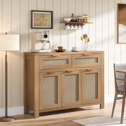 Ourlova Spacious Storage Rattan Buffet Cabinet-Sideboard with Doors Drawers Adjustable Design Light Oak