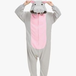 BRAND-NEW Gray/Pink Hippo Adult Onesie Costume/PJs w/Zipper, Pockets, 3D Hoodie/Tail (L)