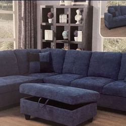 Blue Microfiber Sectional Couch And Ottoman