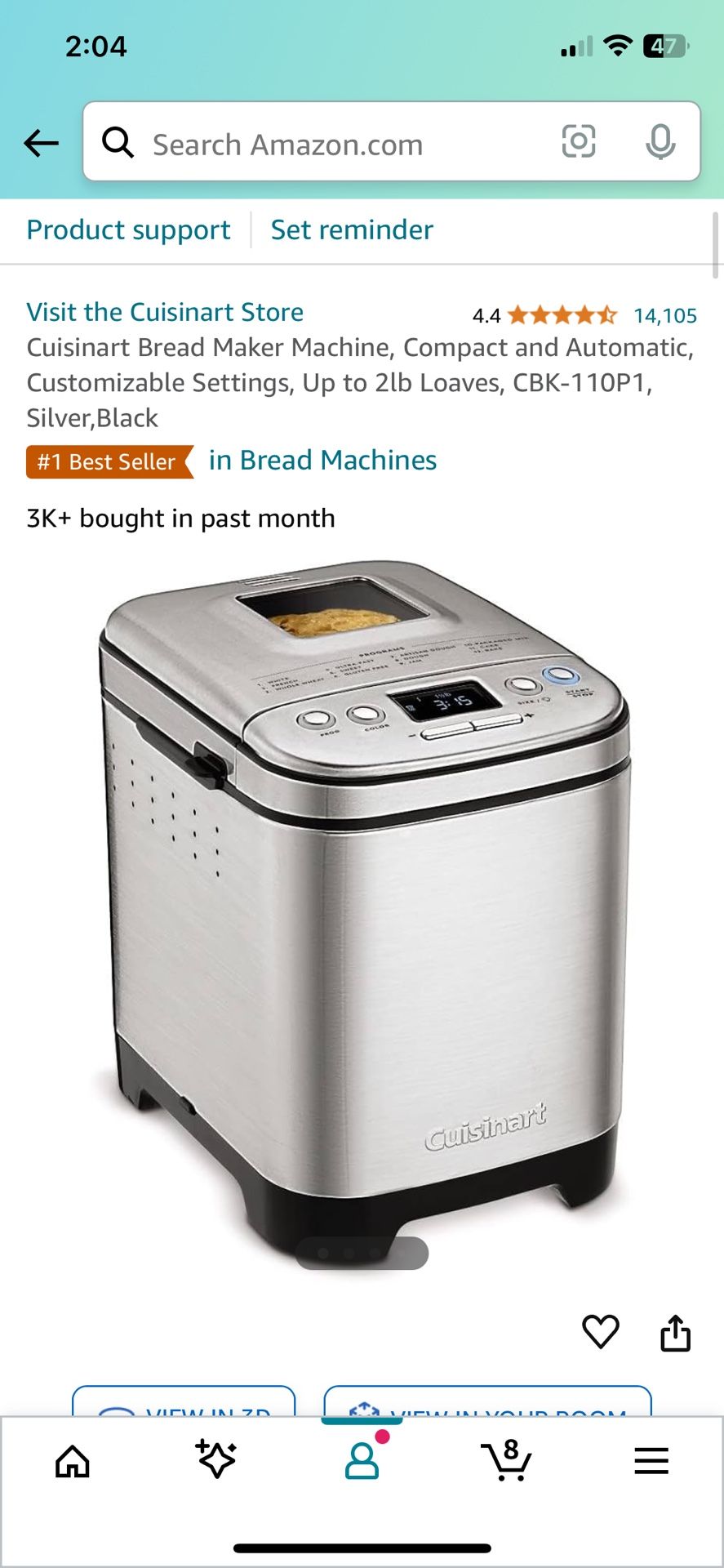 Cuisinart Bread Maker Machine, Compact and Automatic, Customizable Settings, Up to 2lb Loaves, CBK-110P1, Silver,Black