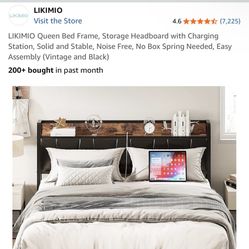 Queen Bed Frame, with Charging Station, Vintage and Black