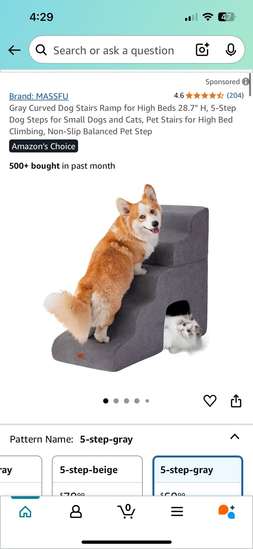 Gray Curved Dog Stairs Ramp for High Beds 28.7" H, 5-Step Dog Steps for Small Dogs and Cats, Pet Stairs for High Bed Climbing, Non-Slip Balanced Pet S