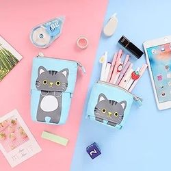 iSuperb Cute Pencil Case Standing Pen Holder Cat Pencil Bag Cartoon Pen Box Kawaii Pencil Pouch Big Makeup Cosmetics Bag with Zipper 