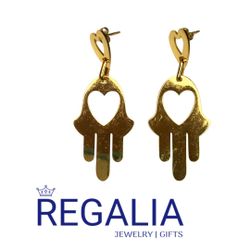 ✨NEW Trendy 18k Gold Plated Stainless Steel Hamsa with Heart Dangling Earring's ( Aretes) 🤩 FASHION STYLE ✨NEW YEAR SALE 