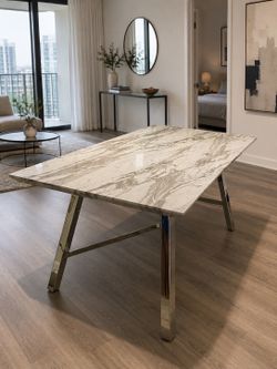 City furniture Rectangular dining table faux marble white gray silver