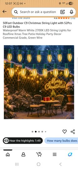 50Feet Outdoor C9 Christmas String Light with 52Pcs C9 LED Bulbs
Waterproof Warm White 2700K LED String Lights for Roofline Xmas Tree Patio Holiday Pa