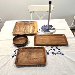 Wooden trays & Kitchen Roll Holder - Set Of 5