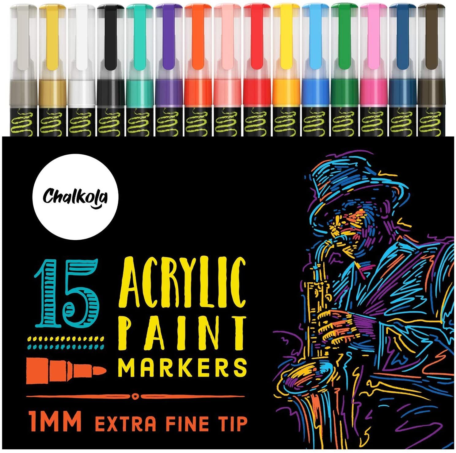 Acrylic Paint Pens for Rock Painting, Stone, Ceramic, Glass, Wood, Canvas - Set of 15 colors, Extra Fine Tip Water based Paint Markers