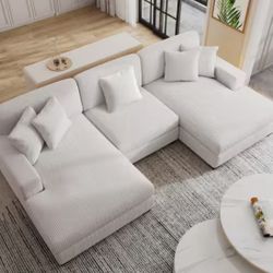 118 in. Square Arm 3-Piece Corduroy Upholstered U-Shaped Sectional Sofa in. Beige