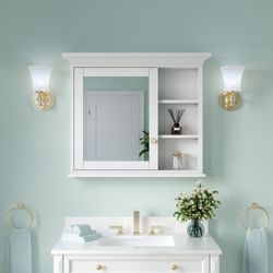 36 in.W x 30 in.H Surface-Mount Solid Wood Medicine Cabinet with Mirror and 4 Wood Shelves