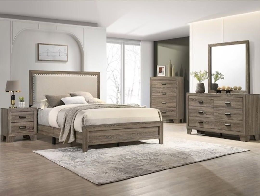 4PC QUEEN BEDROOM SET INCLUDED QUEEN BED, ONE NIGHTSTAND, DRESSER AND MIRROR