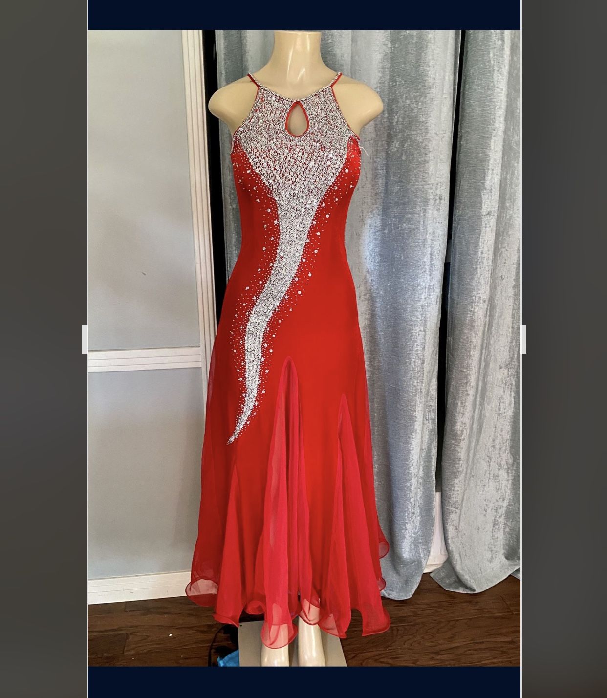 Absolutely Stunning Long Red Velvet Dress With Beads & Sequin  Size 2