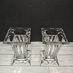 German PartyLite Quad Prism 7” Crystal Square Pedestal Pillar Candle Holder Vase