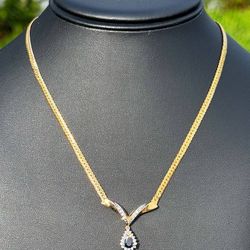Jewelry 14k solid yellow gold Cuban link pear shape pendant natural diamond sapphire necklace 17.00" 3.20mm 8.30 grams