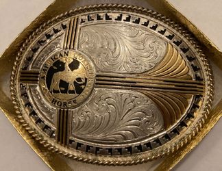 Vintage Metal Belt Buckle, Silver and Brass, American Quarter Horse, Montana Silversmiths, Nice Western Design, 4" x 3", Heavy Duty, Quality, Made in 