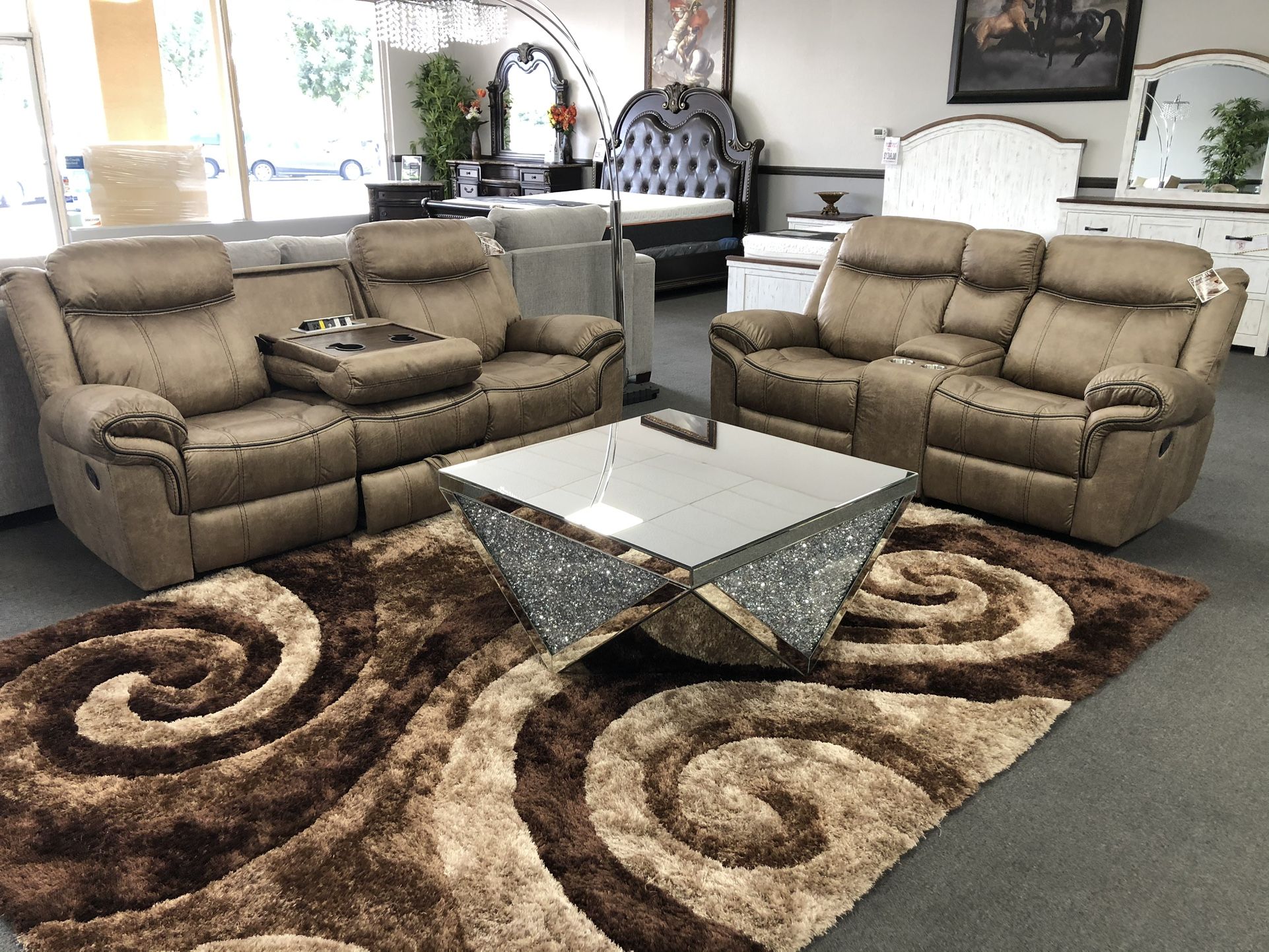 2PC Brown Sofa & Loveseat w/ Drop Down Cup Holder