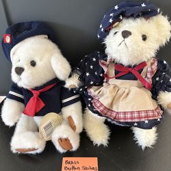 2 Patriotic Sailor Vintage Plush Brass Button Bears 