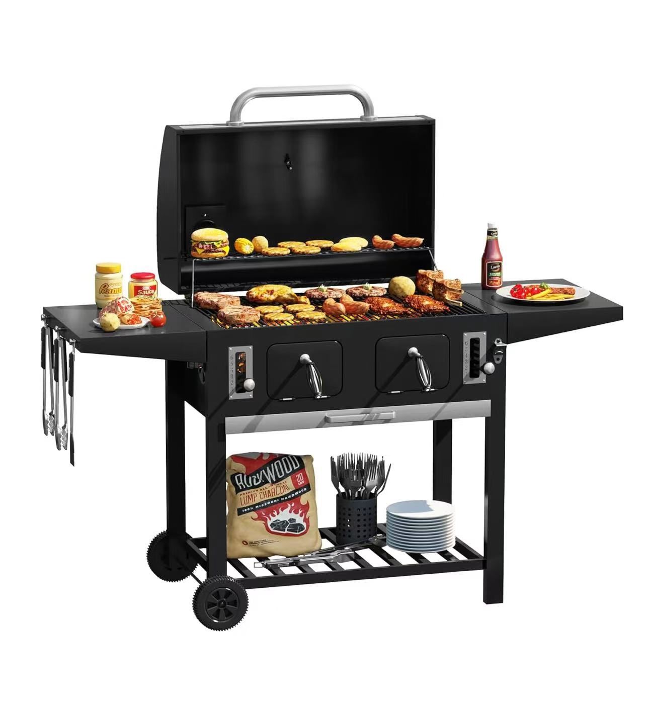 Charcoal Grill Flat Top Grill in Extra Large Cooking Space, Outdoor Camping Grill with Adjustable Charcoal Trays & 2 Side Shelves for BBQ, Party, Gard