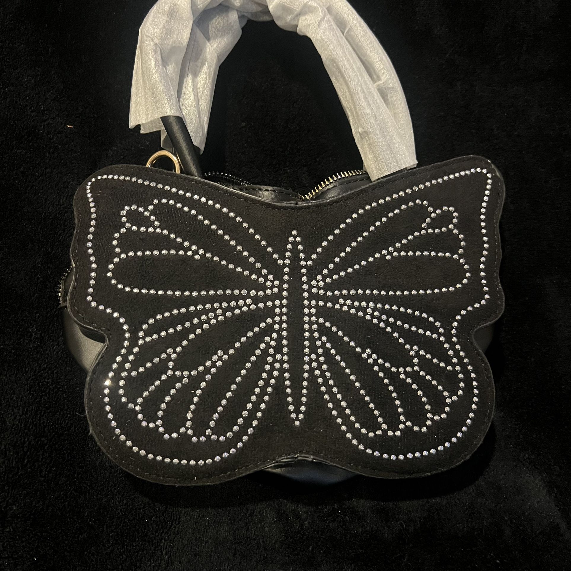 Women’s All Black Butterfly Shape Handbag, Gold Trimming