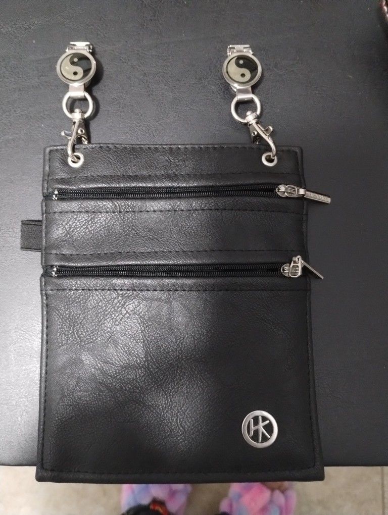 Hip Klips Black Faux Leather Double Zipper Clip on- hands free pouch/ bag/ purse/ wallet