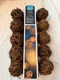 String lights (10)  with wood ball design for indoor or outdoor