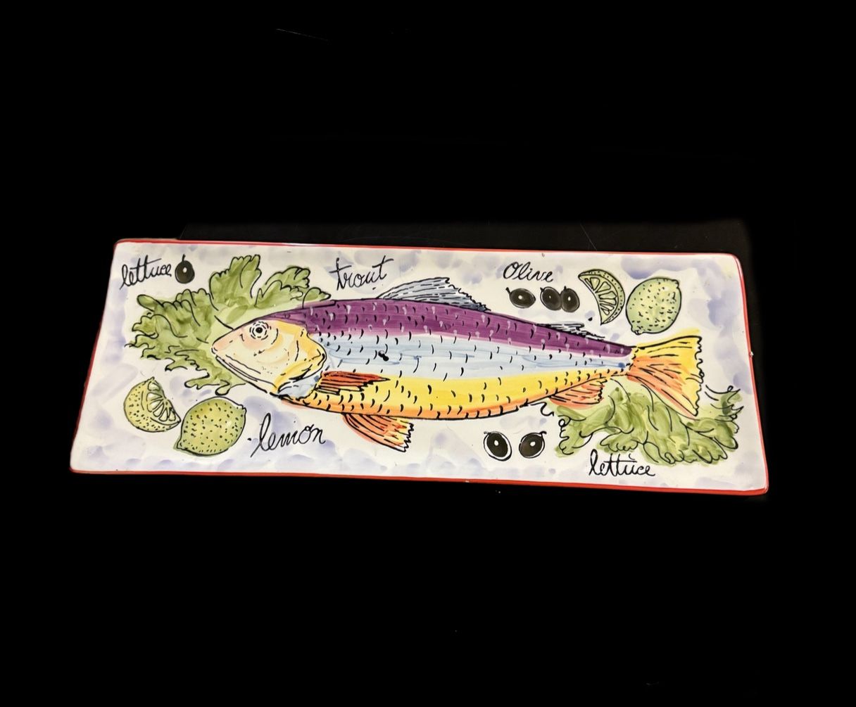 Antica Fornace Italy Large Fish Platter 24in Hand Painted Artist Signed Ceramic