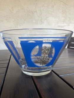 Mid Century Hazel Atlas Blue Gold Grapes Bowl 