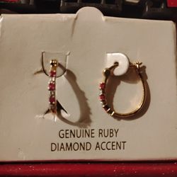 Beautiful New 18 K Gold And Sterling Silver Diamond And Ruby Earrings