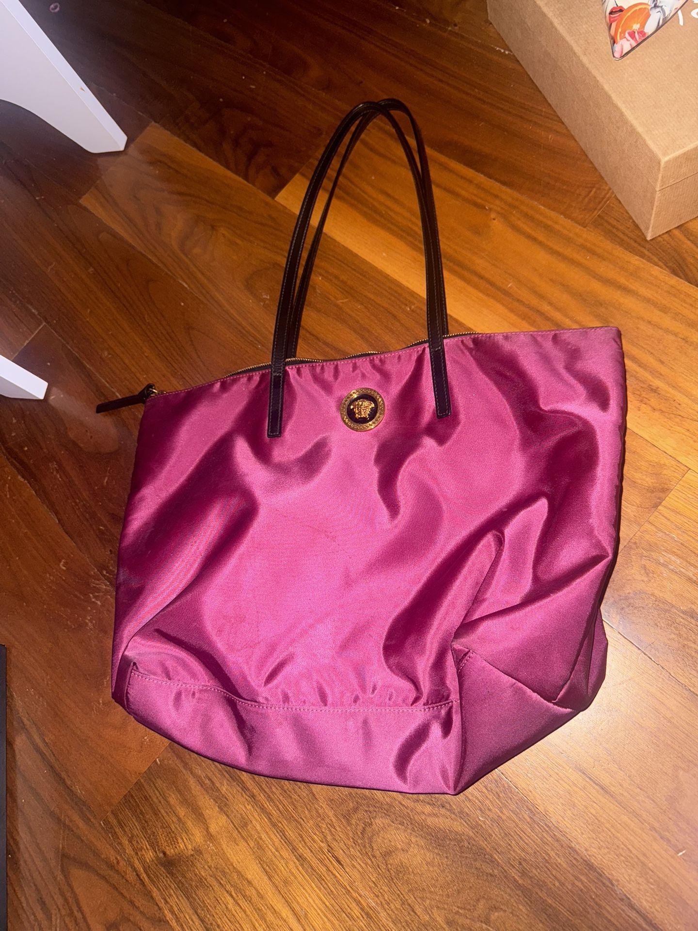 VERSACE Nylon Medusa Leather Straps Pink Dahlia Tote Shoulder Bag NWT