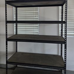 Metal frame shelf with wood shelves