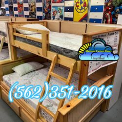 Triple Twin Full Bunk Bed Natural With Mattresses Trundle Cama Nueva Litera