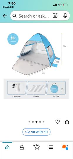 TOBTOS UPF 50+ Pop Up Beach Tent, Easy Set Up Beach Umbrella, Sun Shelter for 2-3 People UV Protection Portable Sunshade, Baby Canopy Cabana, Lightwei