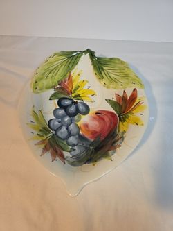 Vintage Italian Majolica Leaf Serving Bowl Hand Painted Fruit Grapes Apple 12"