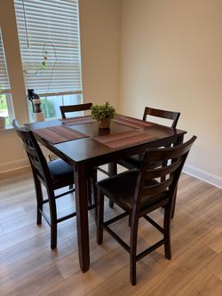 Dark Wood Counter Height Dining Table with 4 Chairs