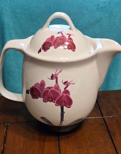 Large Chinese Ceramic Herbal Medicine Electric Pot Lid White Purple Orchids VTG