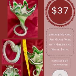 Vintage Green And White Murano Glass Vase