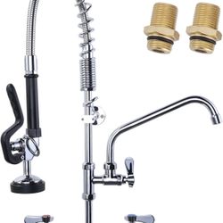 Commercial Kitchen Faucet Wall Mount with Pre-Rinse Sprayer 8 Inch Center Wall Mount Kitchen Sink Faucet with 9.6" Add-on Swing Spout 25" Height Fauce