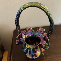 Fenton Iridescent Purple , Hand Painted Glass Basket W/ Handle
