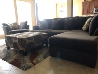 BRAND NEW CHAMPION FABRIC SECTIONAL SOFA WITH OTTOMAN AND SWIVEL CHAIR