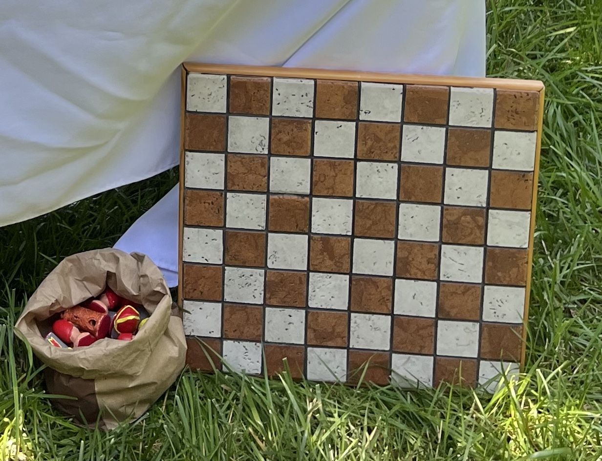 Wood and Tile Chess Board With Pieces