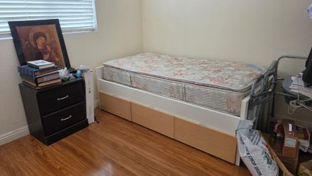 IKEA Brekke Twin bed frame with drawers and mattress white wood